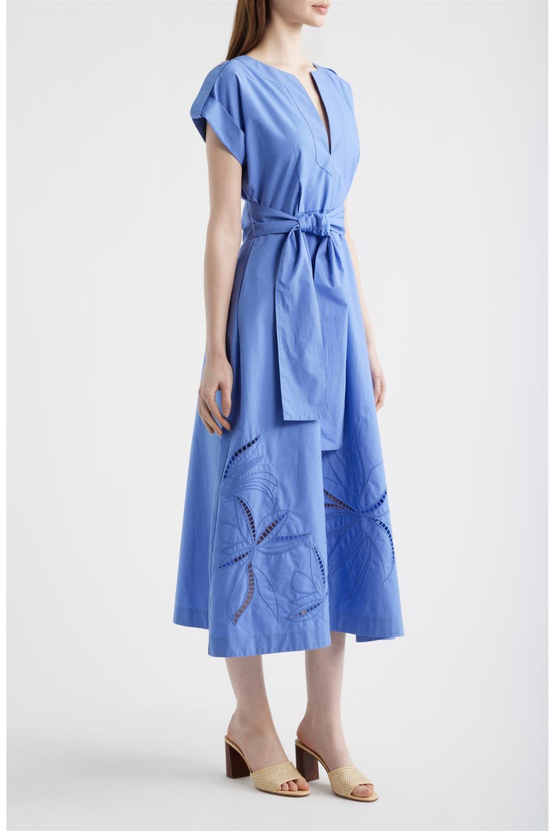 Ladder Stitch Embroidered Tie Belt Cotton Poplin Midi Dress, Alternate, color, PERIWINKLE