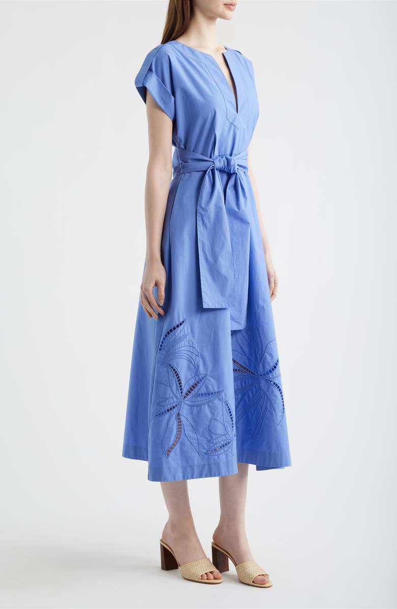 Vince Camuto Ladder Stitch Embroidered Tie Belt Cotton Poplin Midi Dress, Alternate, color, Periwinkle