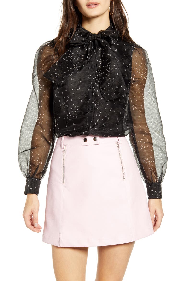 Ava Tie Neck Sheer Sleeve Shirt, Main, color, BLACK AOP TEAR