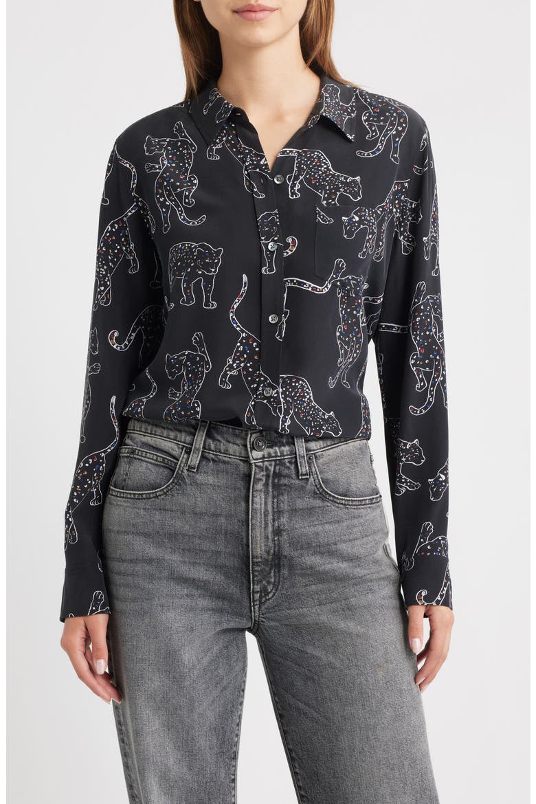 Kate Jaguar Print Silk Button-Up Shirt, Main, color, BLACK JAGUARS