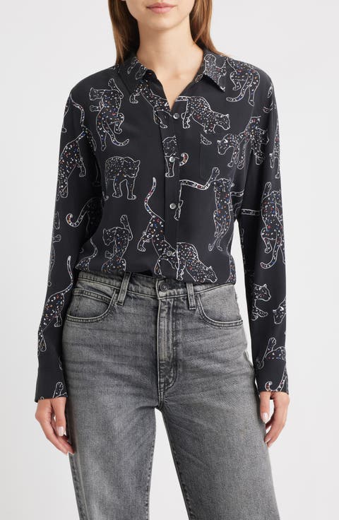 Kate Jaguar Print Silk Button-Up Shirt