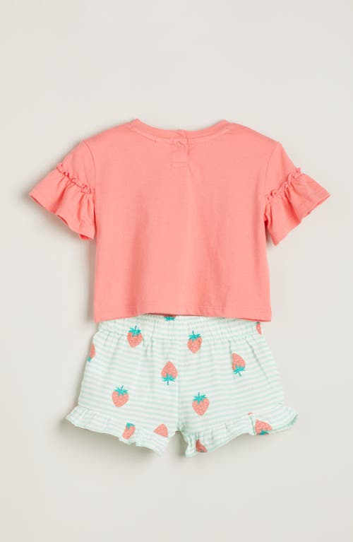 Tucker + Tate Print Flutter Sleeve Cotton Graphic T-shirt & Shorts Set In Coral- Green Strawberry Stripe