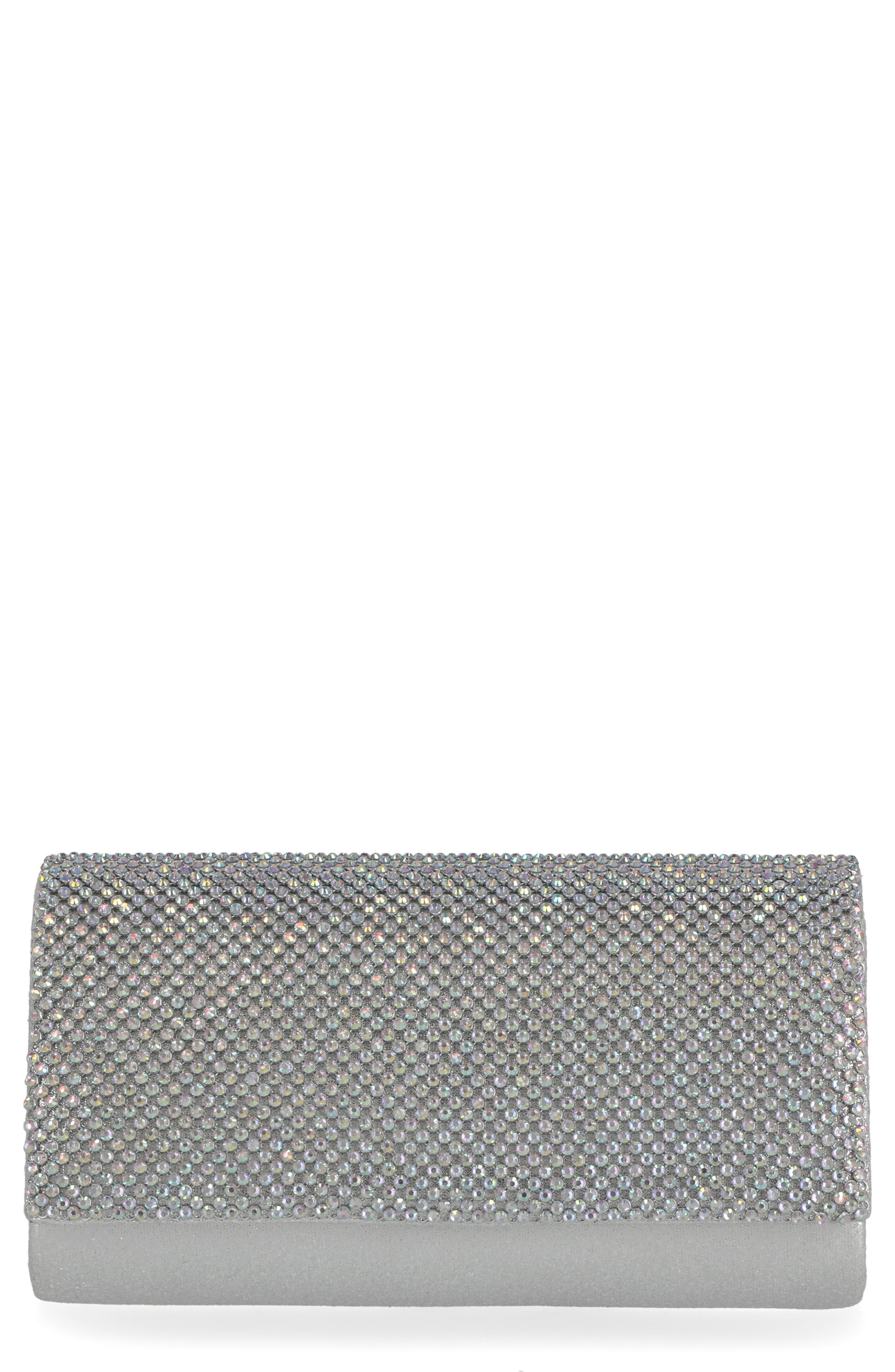 Luisa Embellished Clutch, Main, color, IRIDESCENT SILVER