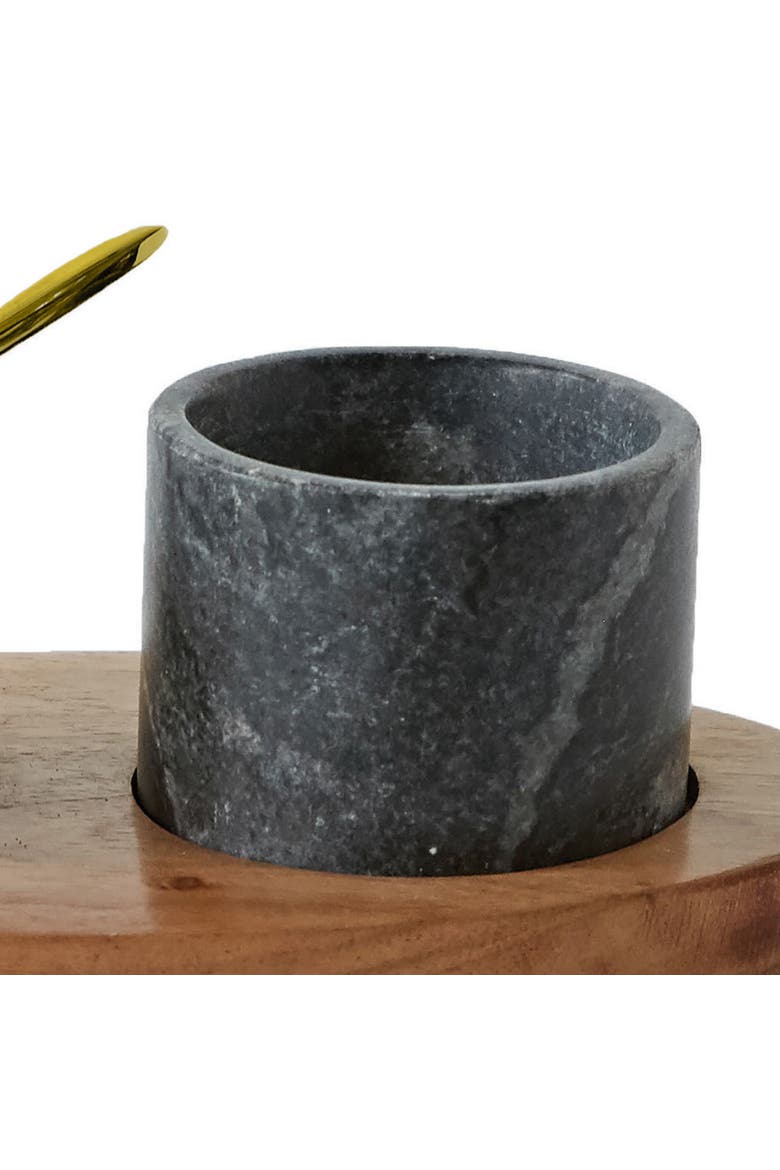 Round Marble Bowls on Mango Wood Tray with Brass Salt Spoon, White and Black, Set of 2, Alternate, color, White