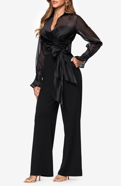 Xscape Evenings Mixed Media Long Sleeve Jumpsuit In Black