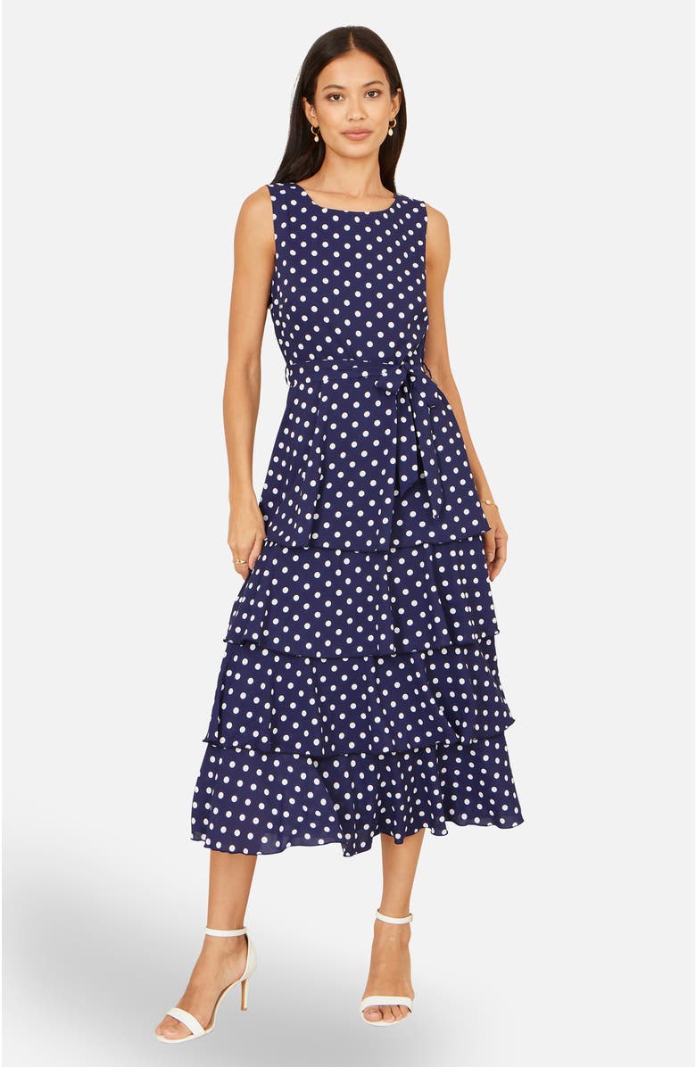Yumi Spot Tiered Midi Dress, Alternate, color, Navy