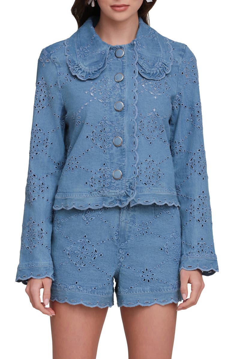Avec Les Filles Crop Stretch Cotton Eyelet Jacket, Alternate, color, Sea Blue Wash