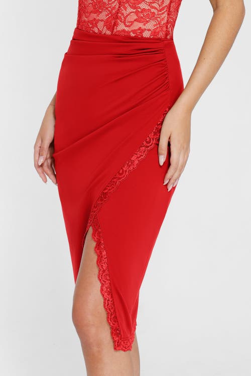 Popilush Shapewear Slimming Lace Trim Midi Wrap Skirt In Pillar Box Red