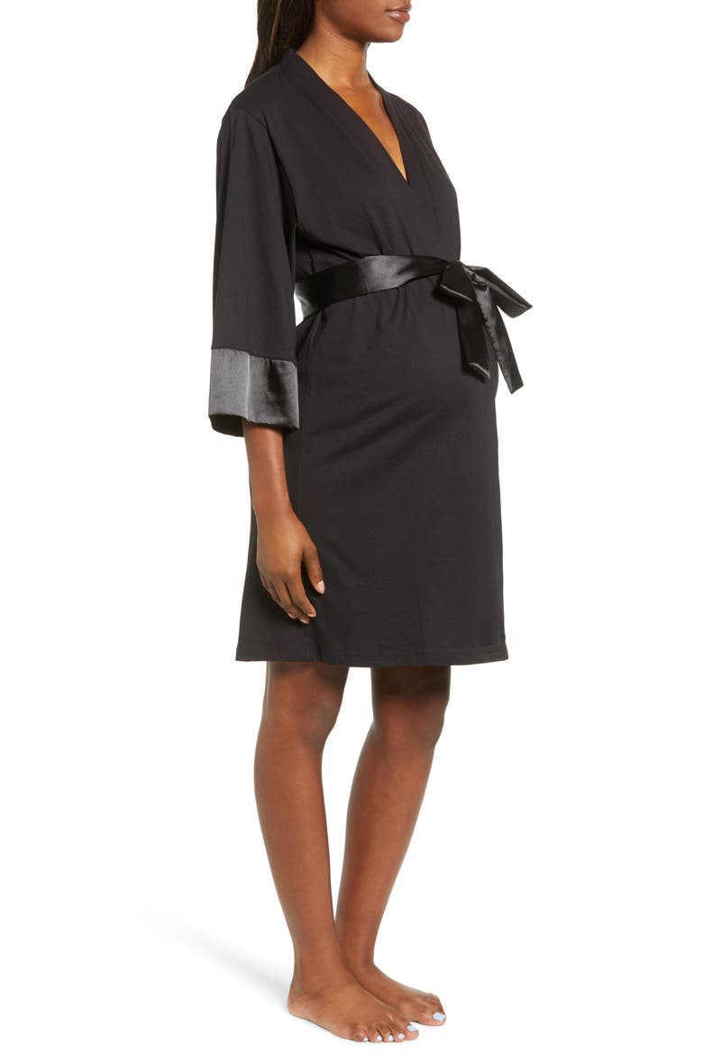 Maternity/Nursing Robe, Alternate, color, BLACK SATIN