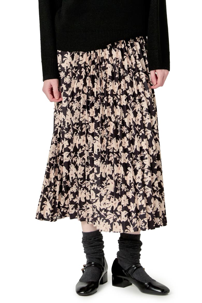 Floral Print Pleated Midi Skirt, Main, color, BLACK MULTI