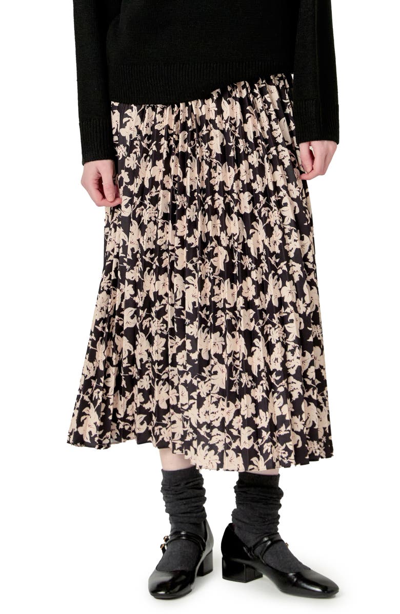 English Factory Floral Print Pleated Midi Skirt, Main, color, Black Multi