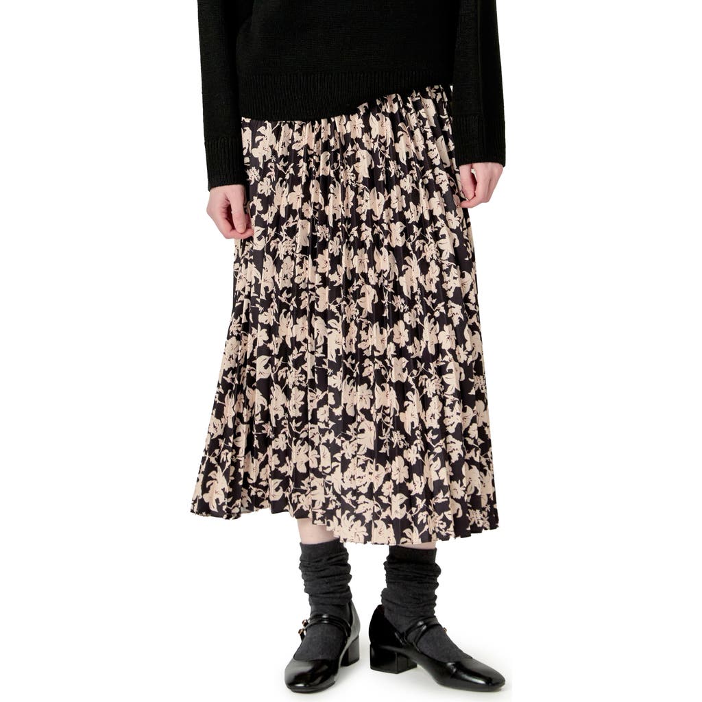 English Factory Floral Print Pleated Midi Skirt In Black Multi