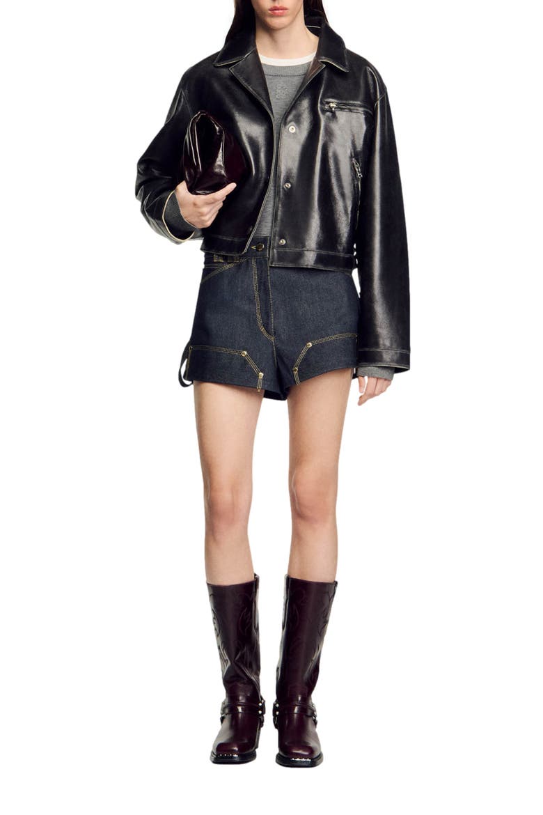 Distressed leather jacket, Alternate, color, Black