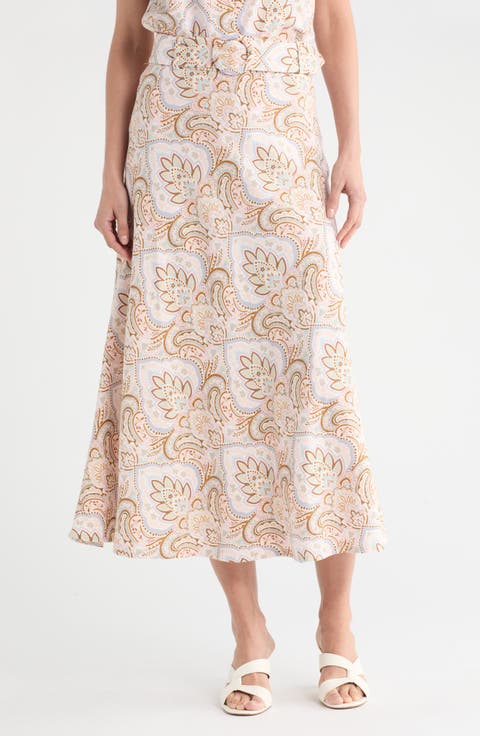 Belted Linen Blend Maxi Skirt