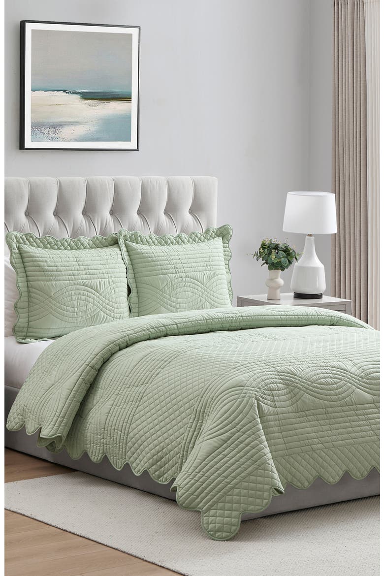 Scallop Microfiber Quilt Set, Alternate, color, GREEN