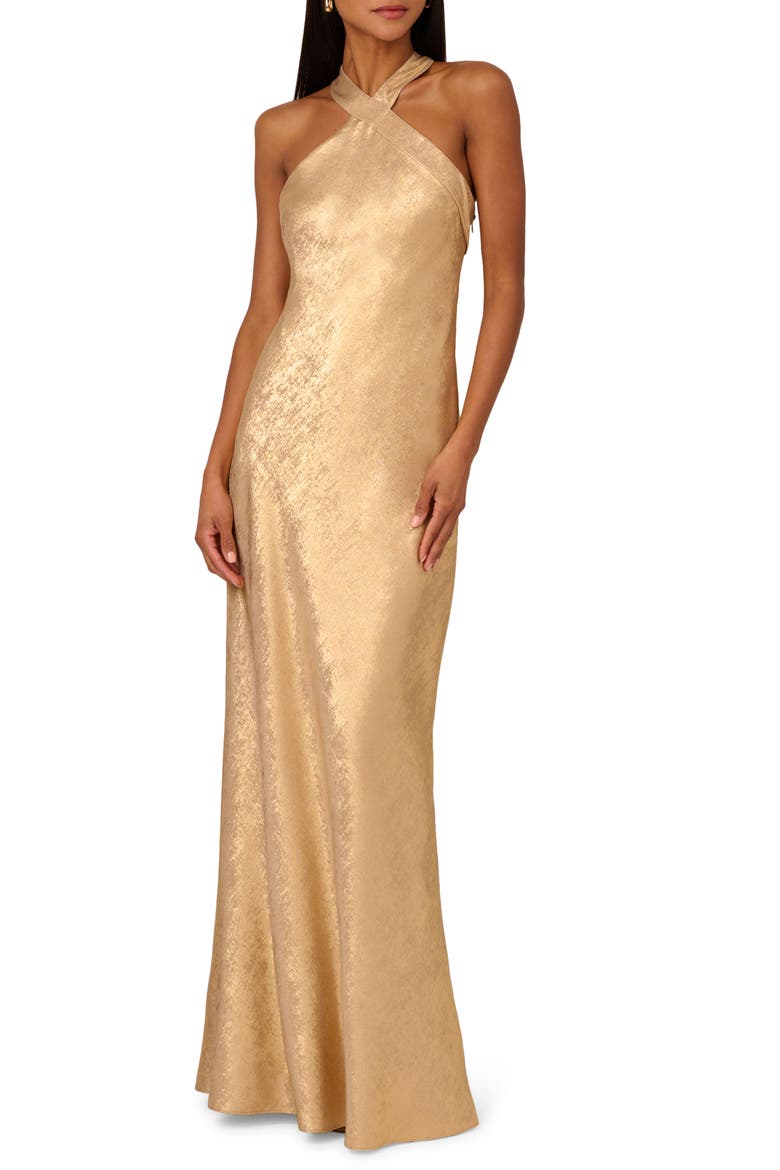 Foiled Trumpet Gown, Main, color, LIGHT GOLD