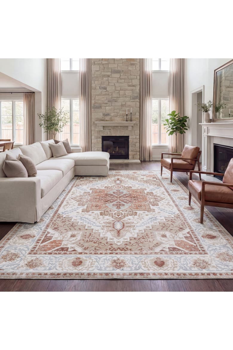 Eleanor Vintage Medallion Border Non-Slip Machine-Washable Cream/Terra 5 ft. x 8 ft. Area Rug, Alternate, color, Cream/Terra