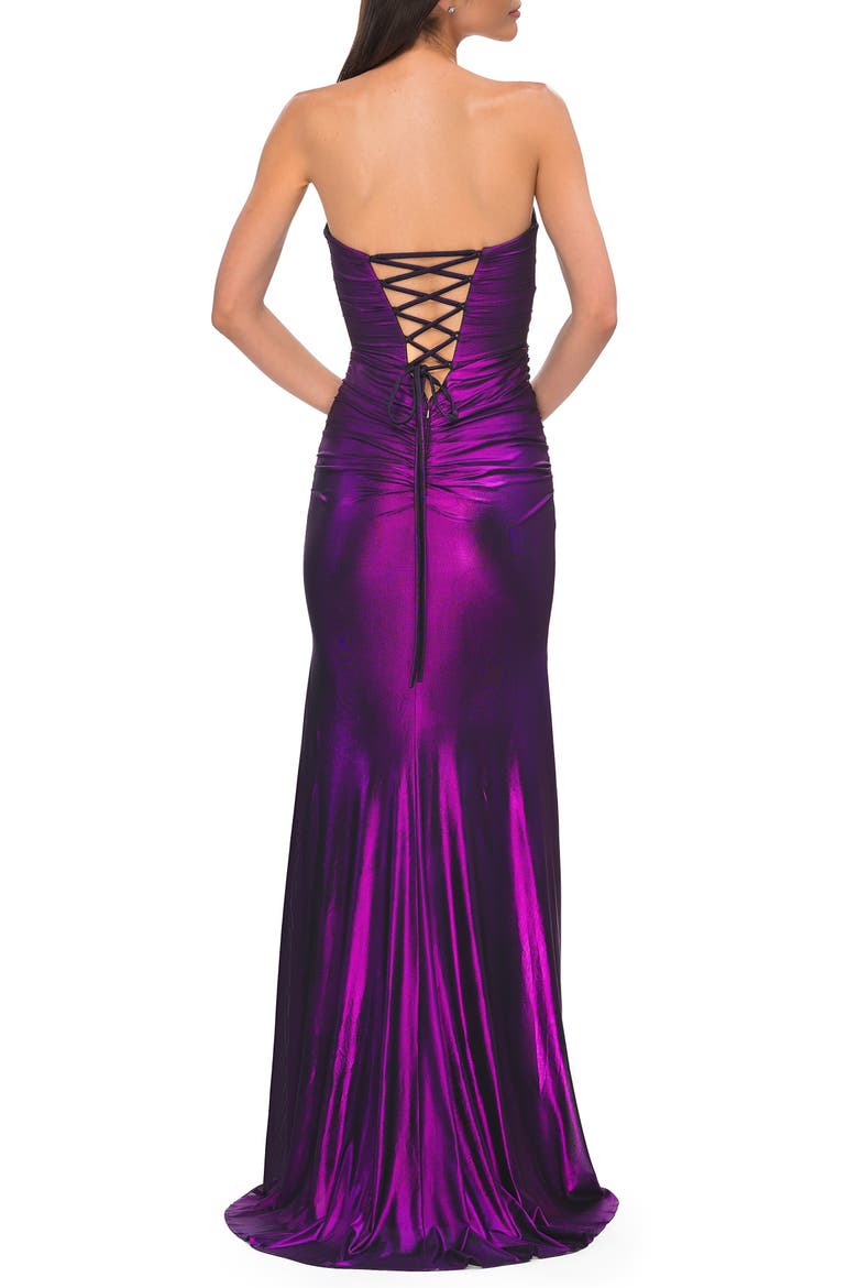 Cut Out Strapless Prom Dress with Rosette Front Detail, Alternate, color, Purple