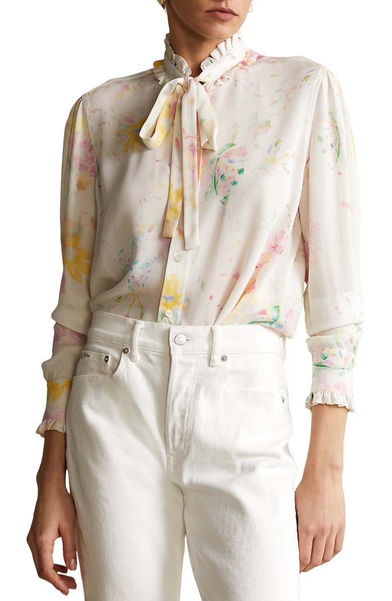 Polo Ralph Lauren Floral Silk Tie Neck Blouse, Main, color, 