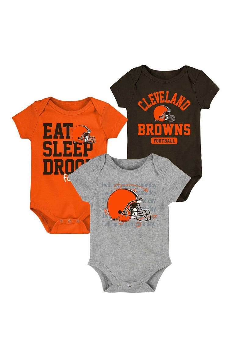 Newborn & Infant Brown/Orange/Heathered Gray Cleveland Browns Three-Piece Eat Sleep Drool Bodysuit Set, Main, color, Brown