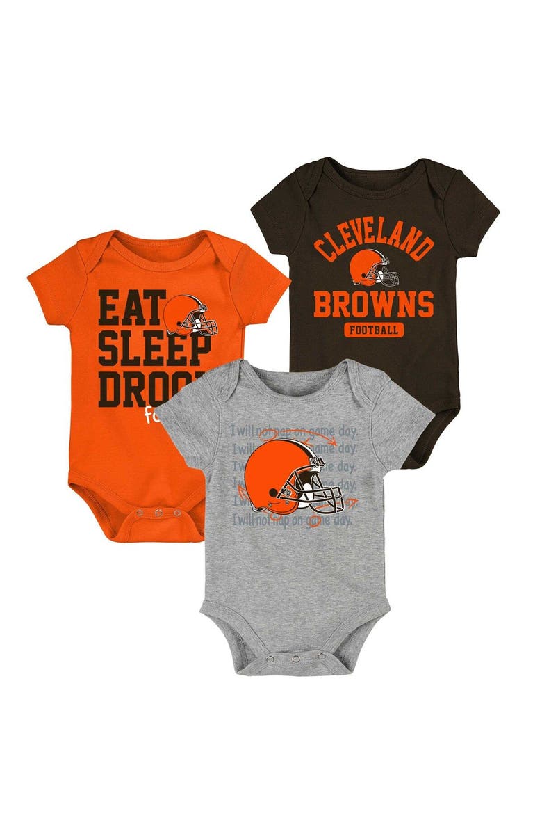 Outerstuff Newborn & Infant Brown/Orange/Heathered Gray Cleveland Browns Three-Piece Eat Sleep Drool Bodysuit Set, Main, color, 