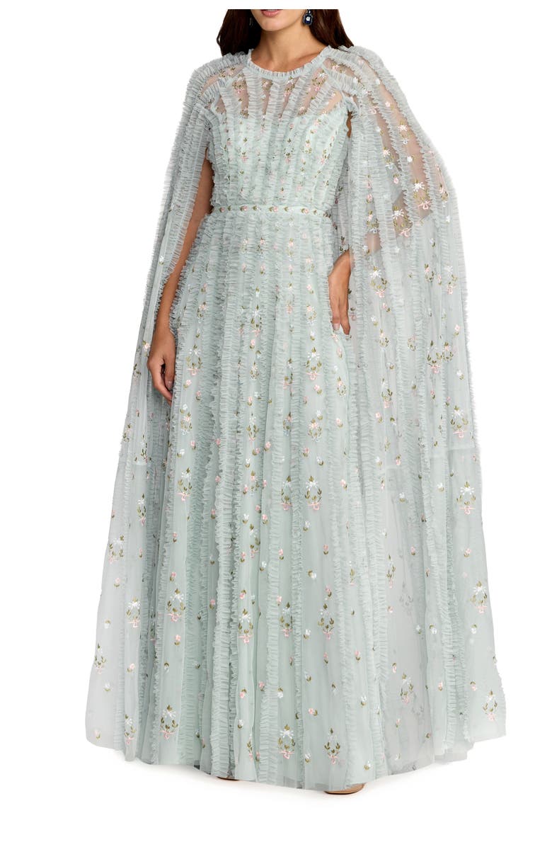Mac Duggal Embroidered Cape Sleeve Ruffle Detail Tulle Gown, Main, color, Seafoam Multi
