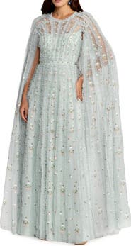 Mac Duggal Embroidered Cape Sleeve Ruffle Detail Tulle Gown