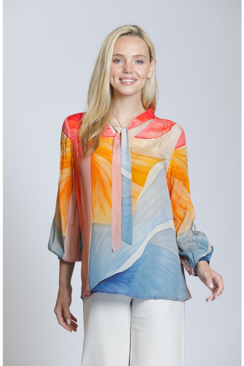 Print Tie Neck Top, Alternate, color, ORANGEGOLD MULTI