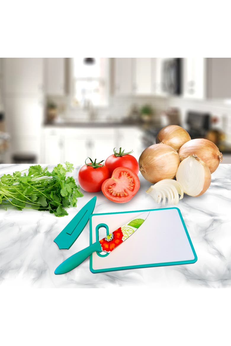 Jordana 3 Piece Cutlery Knife and Cutting Board Set Floral Pattern, Alternate, color, Turquoise