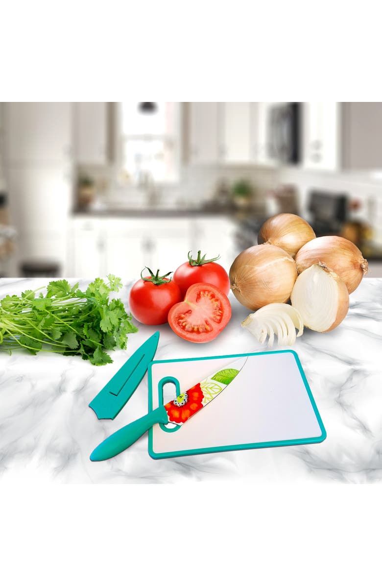 Studio California Jordana 3 Piece Cutlery Knife and Cutting Board Set Floral Pattern, Alternate, color, Turquoise