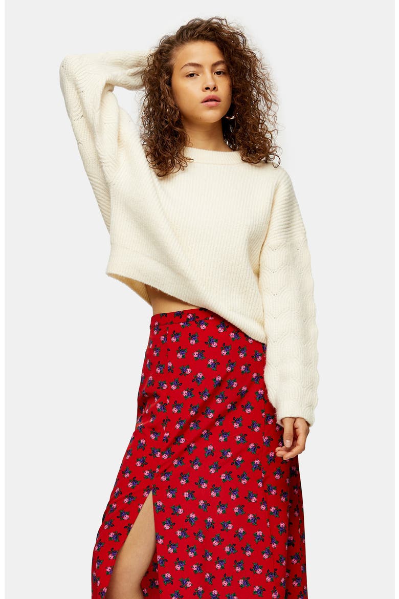 Floral Double Split Midi Skirt, Alternate, color, RED MULTI