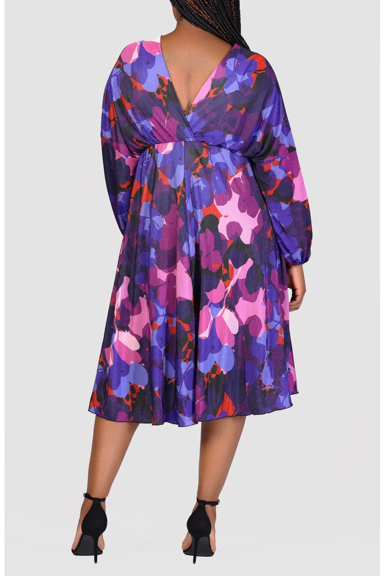 Print Long Sleeve Pleat Fit & Flare Dress, Alternate, color, PURPLE MULTI