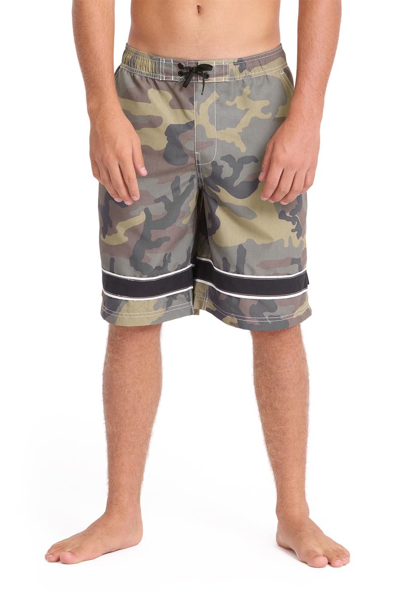 Throw On 2.0 Camouflage Swim Trunks, Main, color, OLIVE CAMOUFLAGE