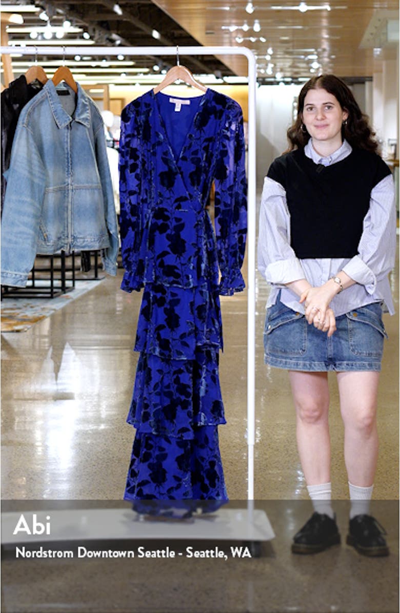 Long Sleeve Velvet Burnout Maxi Wrap Dress, sales video thumbnail