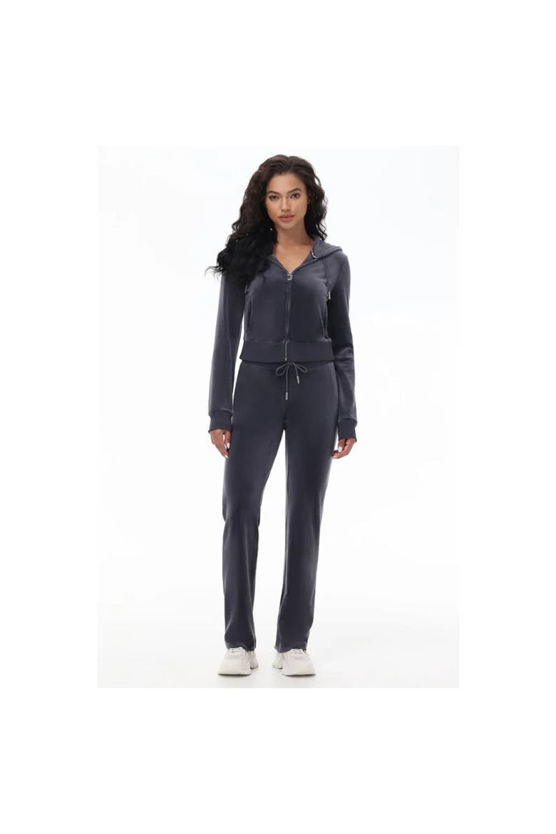 Rib Waist Long Velour Pant With Back Bling, Titanium, Alternate, color, TITANIUM
