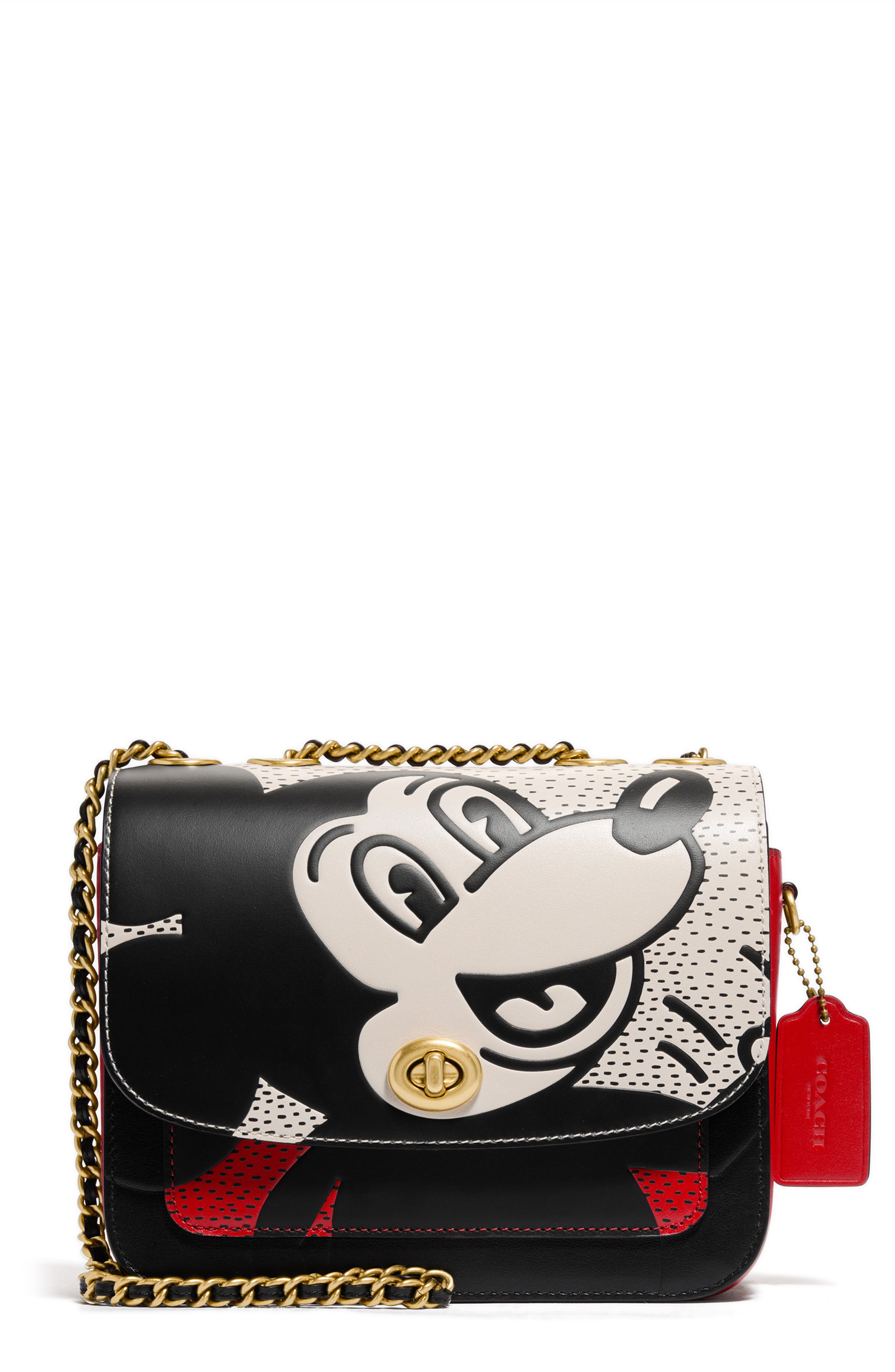 x Mickey Keith Haring Leather Shoulder Bag, Main, color, BRASS/ ELECTRIC RED MULTI