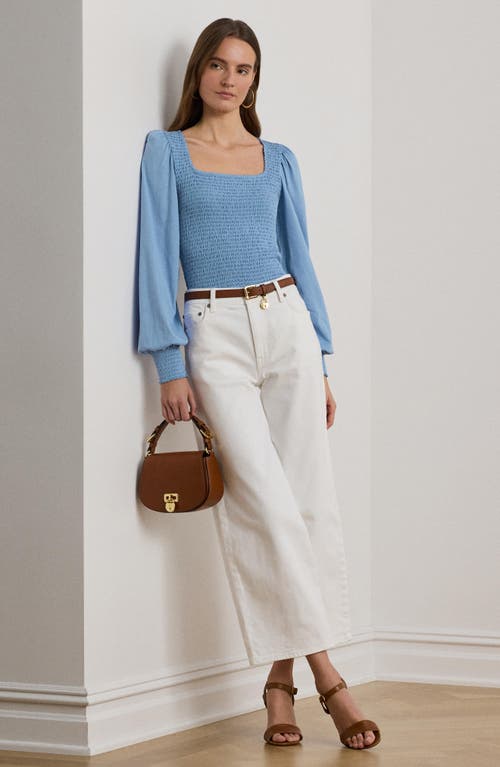 Shop Ralph Lauren Lauren Smocked Cotton Square Neck Top In Sky Blue