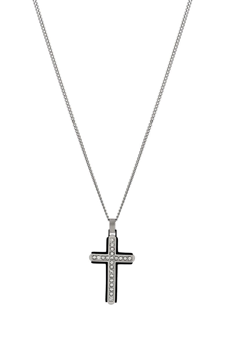Men's Crystal Studded Cross Pendant Necklace, Alternate, color, SILVER/ BLACK