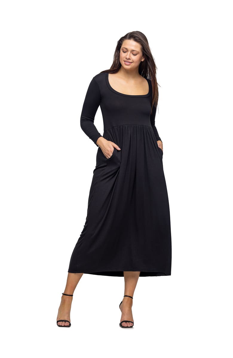 24seven Comfort Apparel Long Sleeve Empire Waist Pocket Maxi Dress, Main, color, Black