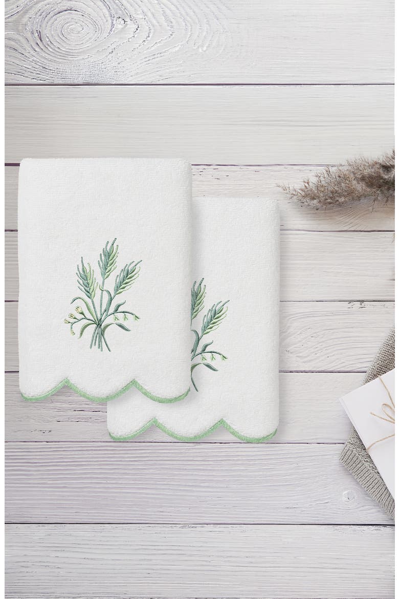 Whitney Scallop Set of 2 Turkish Cotton Hand Towels, Alternate, color, WHITE/ GREEN