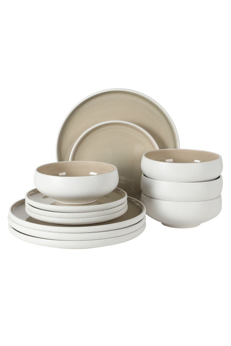 Pacifico Beach 12-Piece Reactive Glaze Stoneware Dinnerware Set, Main, color, Taupe/White