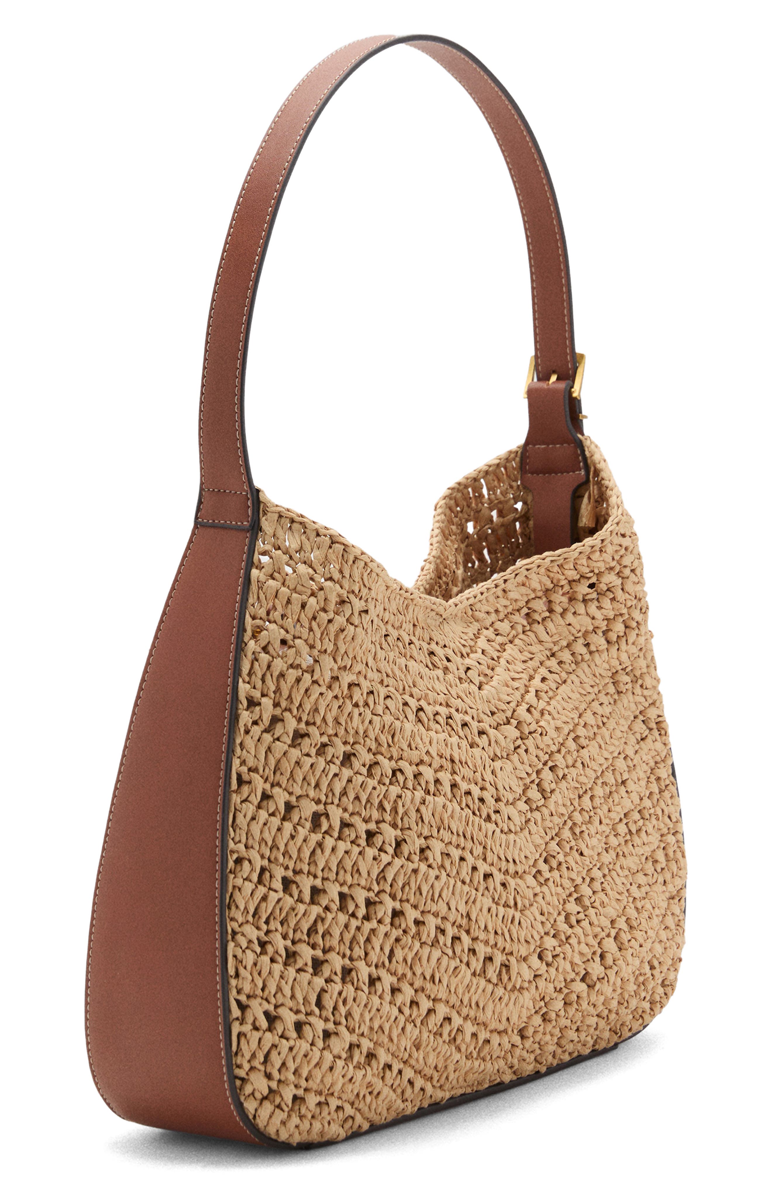 MANGO Woven Straw Shoulder Bag, Alternate, color, Beige Straw/ Brown Leather