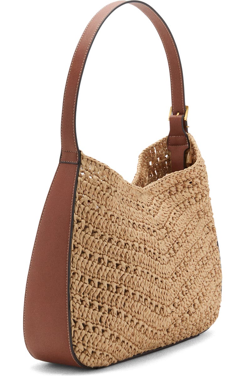 MANGO Woven Straw Shoulder Bag, Alternate, color, Beige Straw/ Brown Leather