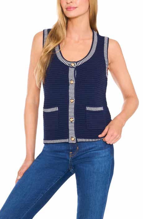CeCe Contrast Detail Cotton Blend Sweater Vest