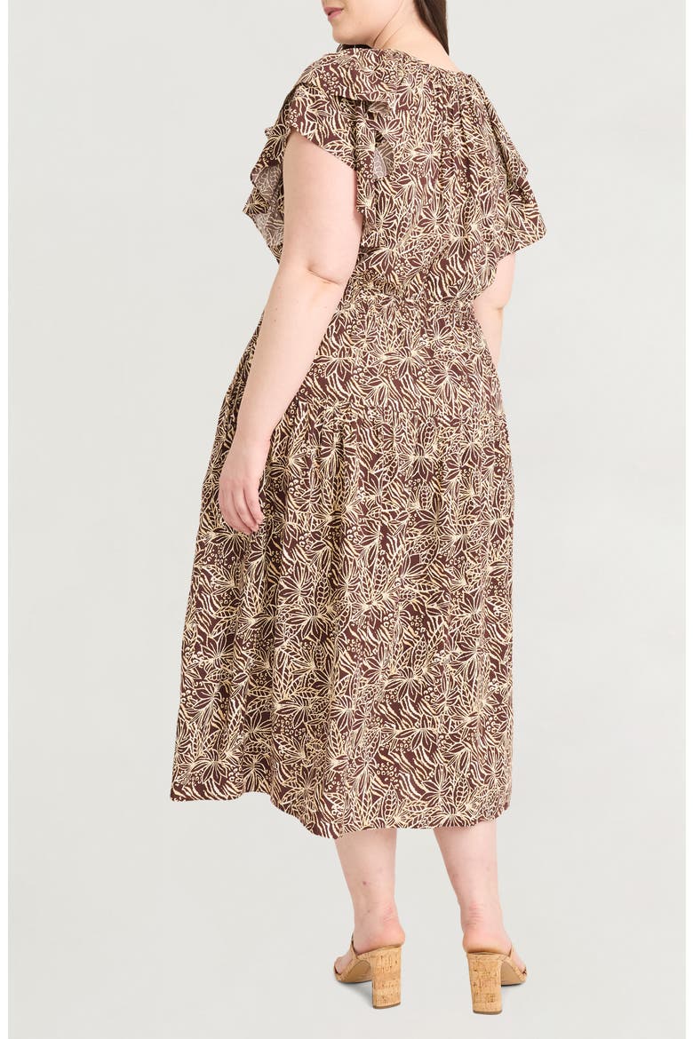 Ruffle Cap Sleeve Midi Dress, Alternate, color, BROWN/ IVORY