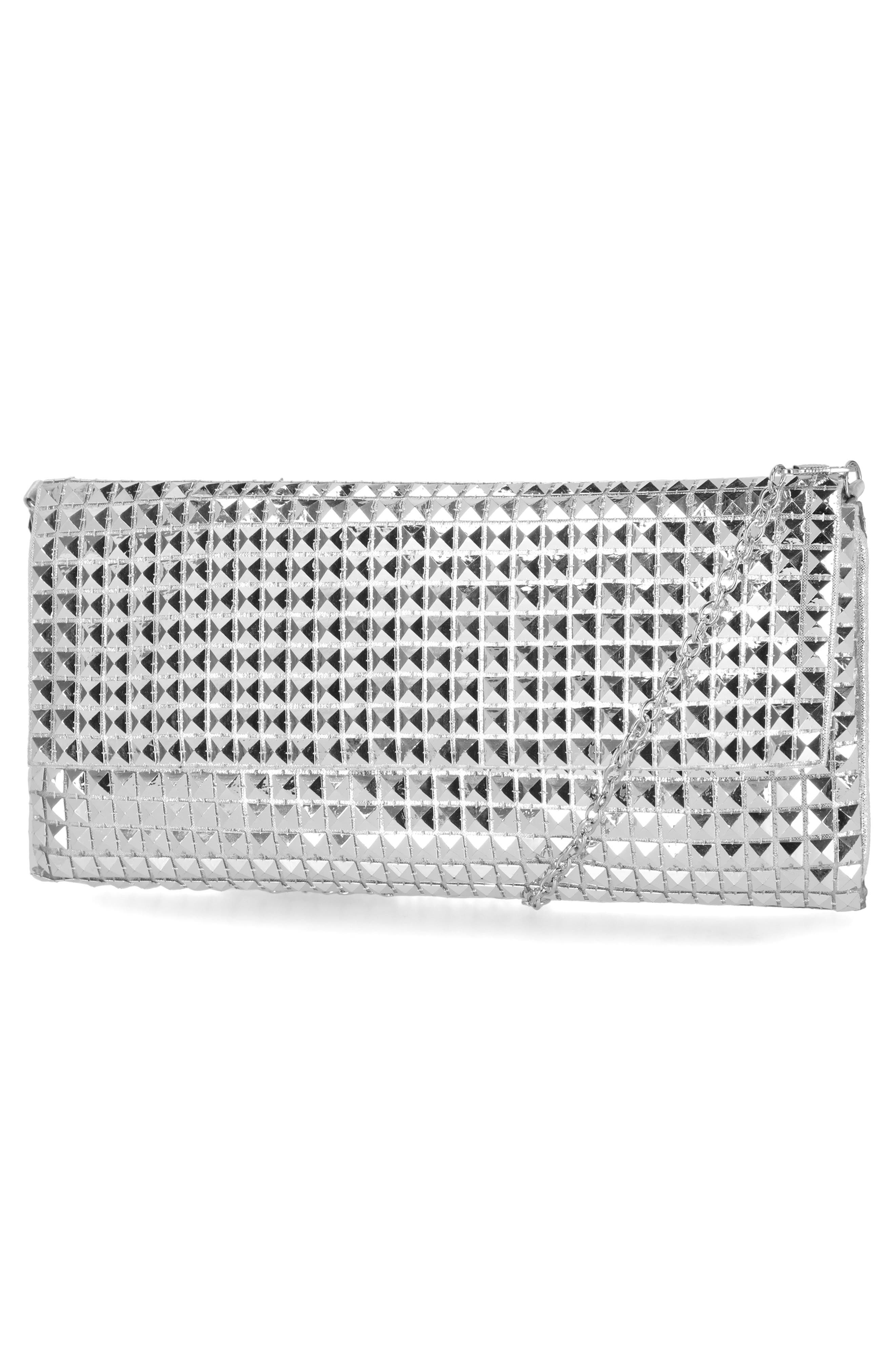 Jessica McClintock Helena Pyramid Mesh Flap Clutch, Alternate, color, Silver