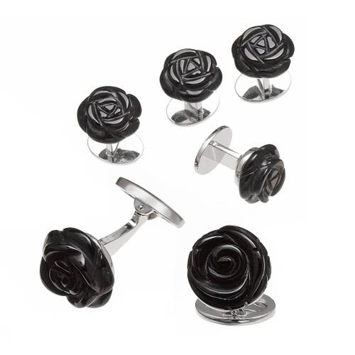 Jan Leslie Rose Carved Sterling Cufflinks And Stud Sets In Black