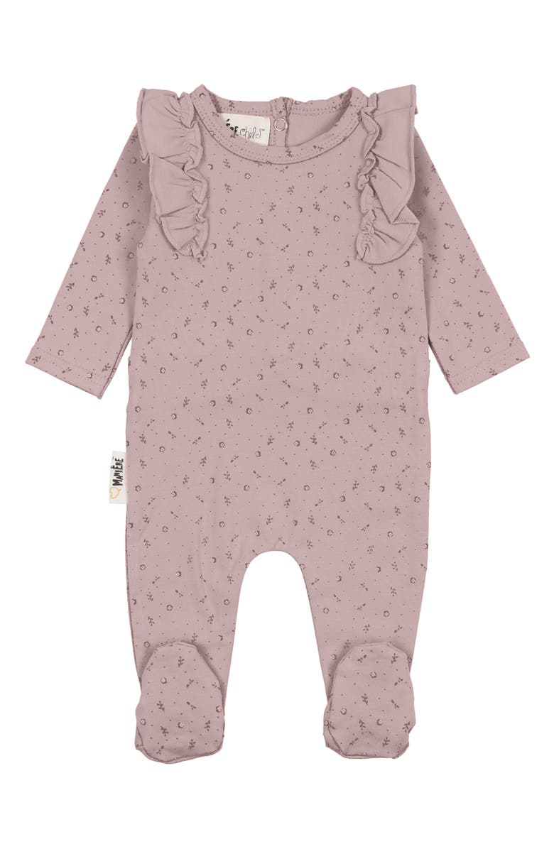 Manière Petals & Polka Dots Ruffle Accent Cotton Footie, Main, color, Mauve