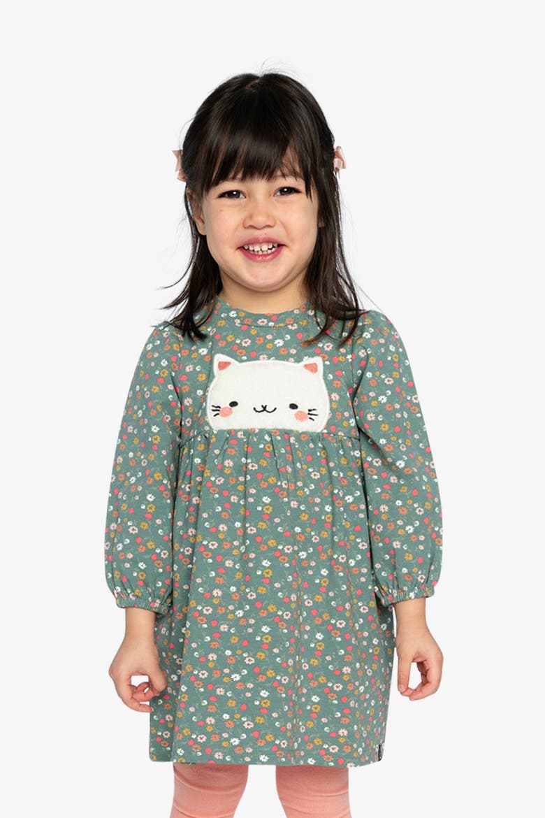 Organic Cotton Fleece Cat Gathered Skirt Dress, Alternate, color, Green Floral Print