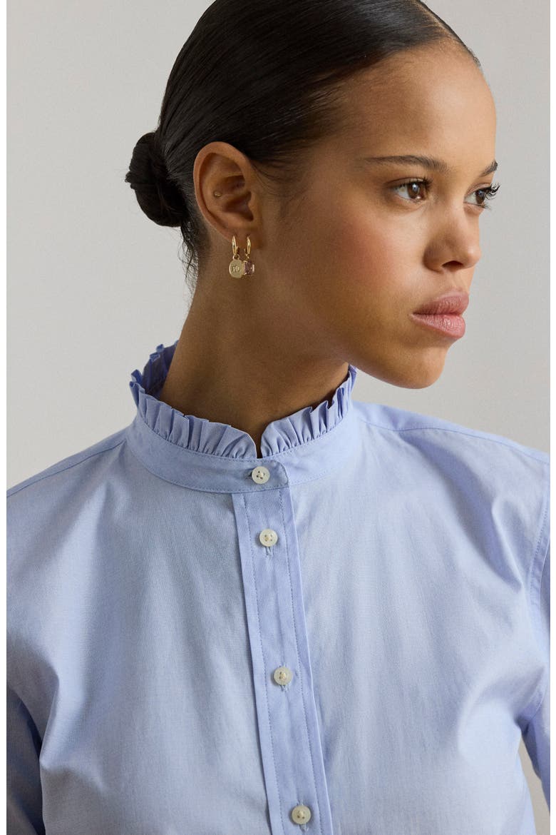 Ruffle Trim Cotton End-on-End Button-Up Shirt, Alternate, color, LIGHT SKY BLUE